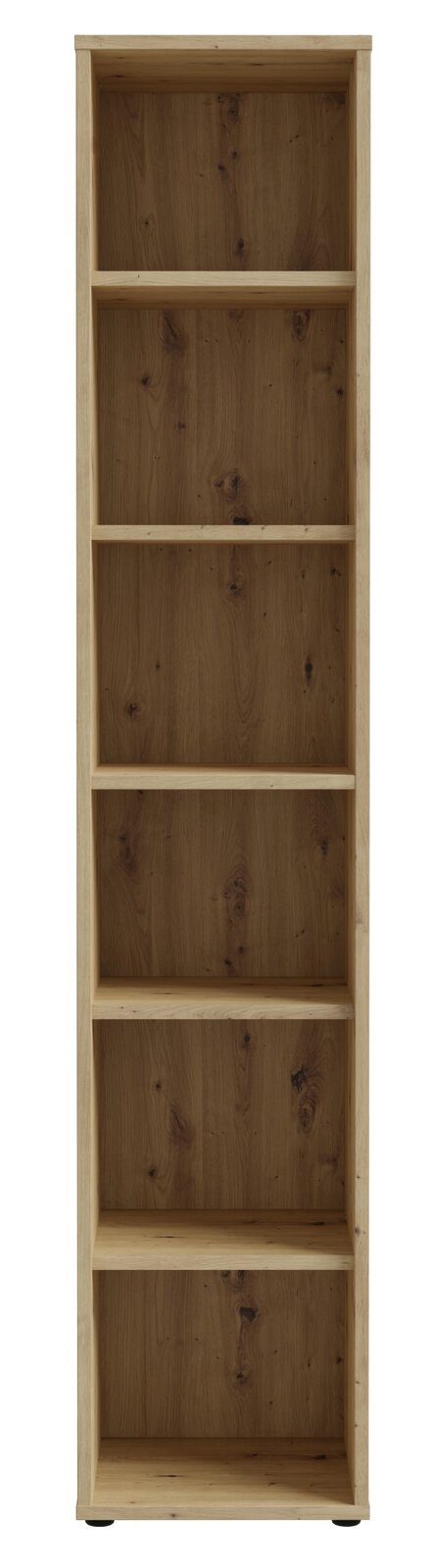 Schmales Regal aus Holz mit fünf Fächern, frontale Ansicht