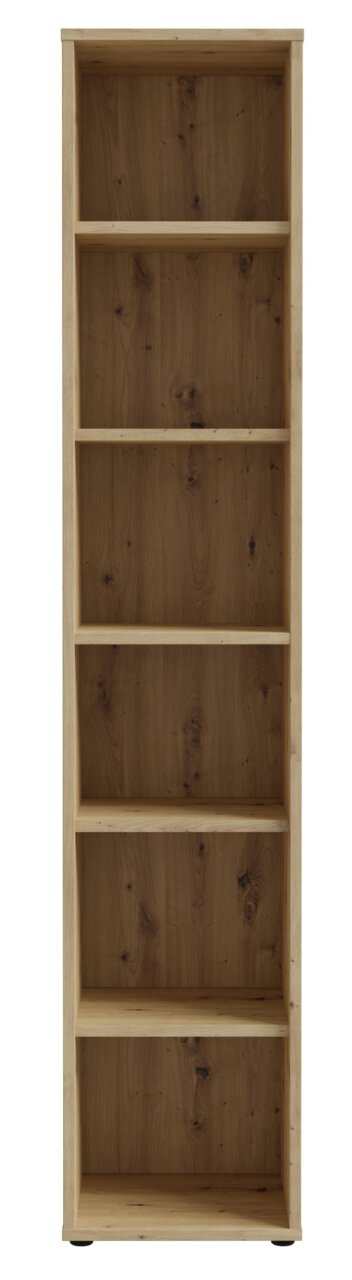 Schmales Regal aus Holz mit fünf Fächern, frontale Ansicht