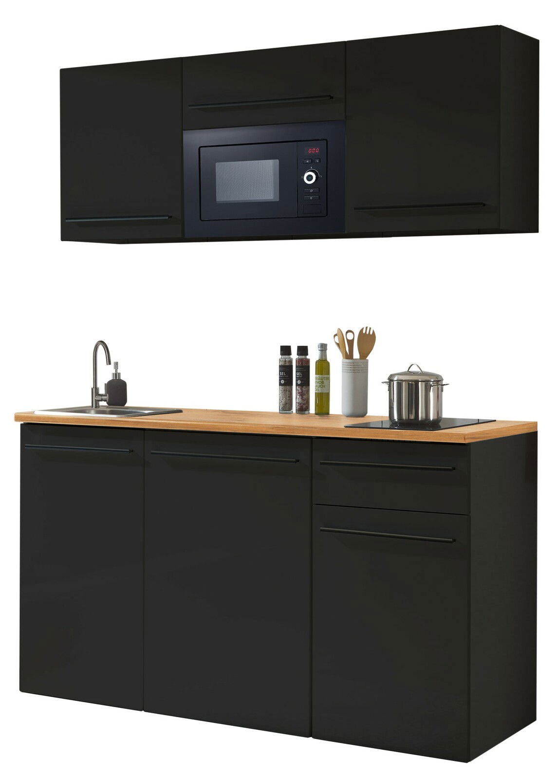 Moderne Single-Küche in schwarzem Design mit Holzarbeitsplatte, Spüle, Kochfeld und Hängeschränken, frontale Ansicht
