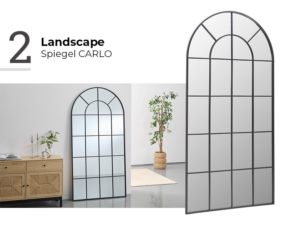 Großer schwarzer Rundbogen-Spiegel „Carlo“ mit Sprossen-Design, stehend und an Wand in modernem Wohnraum
