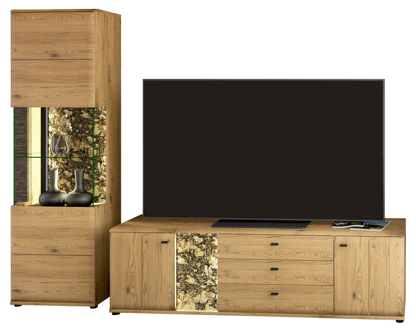Cantus Wandkombination CALMERA Wandkombination aus Holz mit dekorativen Elementen, bestehend aus einem hohen Schrank mit Glaseinsätzen und einem breiten TV-Schrank, frontal betrachtet.