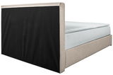 Boxbett 140 in seitlicher Perspektive mit beigem Stoffbezug und schwarzem Kopfteil.