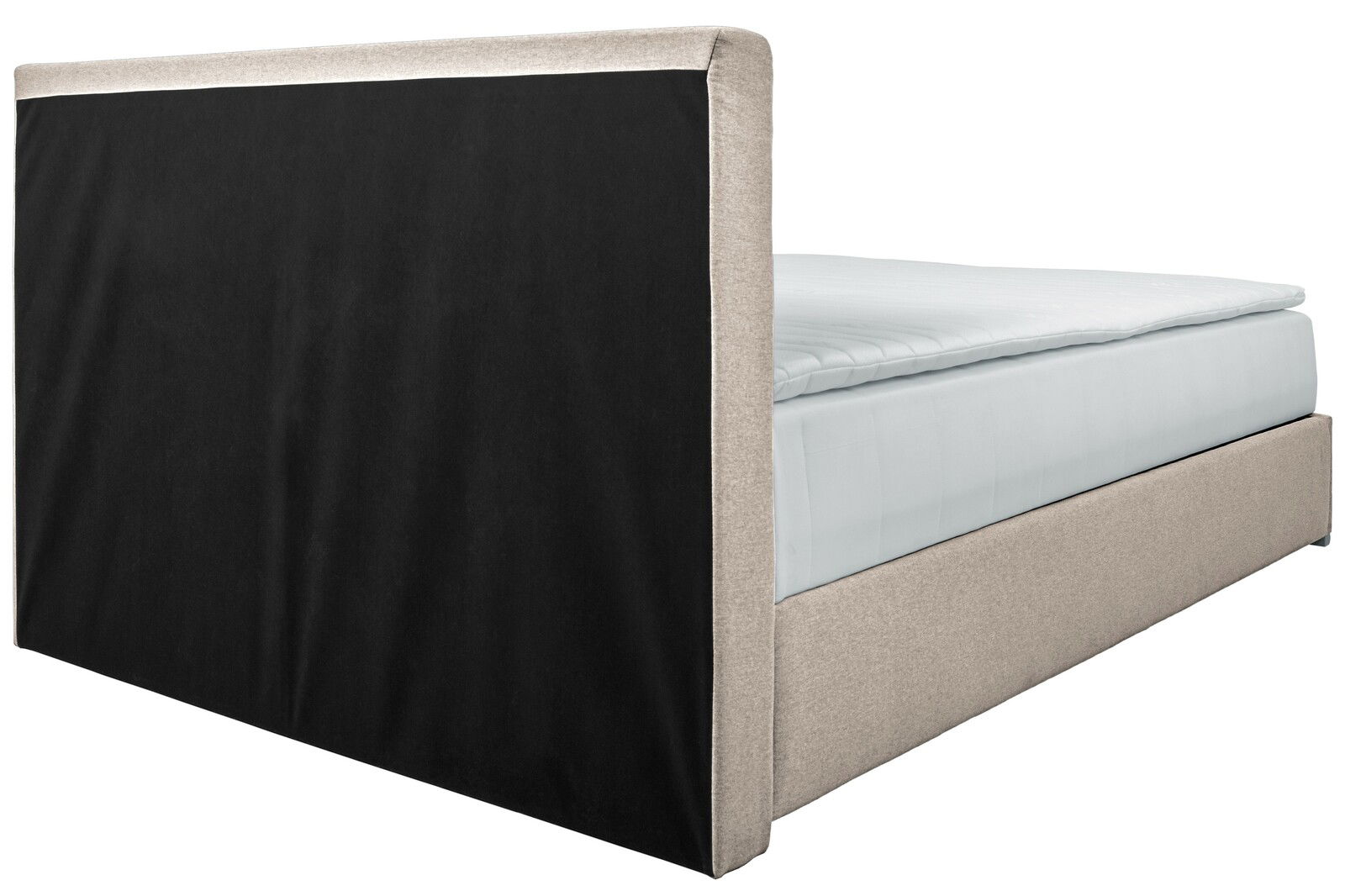 Boxbett 140 in seitlicher Perspektive mit beigem Stoffbezug und schwarzem Kopfteil.