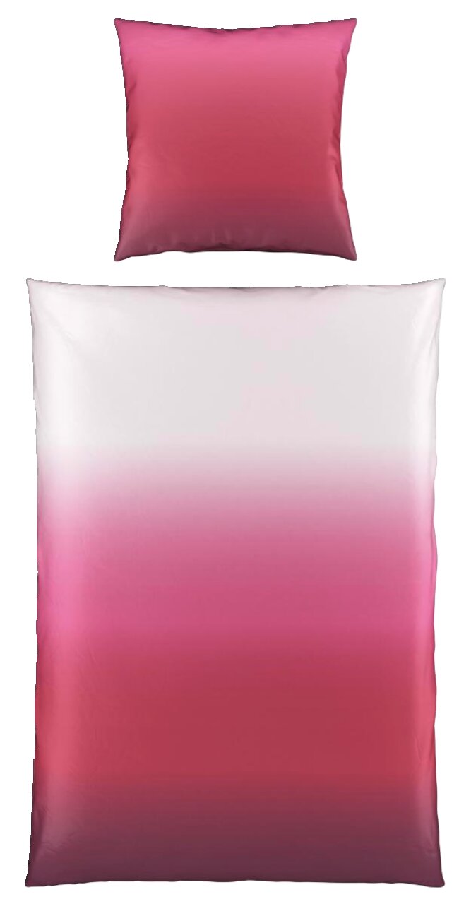 Bettwäsche-Set in Pink mit Farbverlauf, bestehend aus einem Kissenbezug und einem Bettdeckenbezug, aus der Vogelperspektive fotografiert.