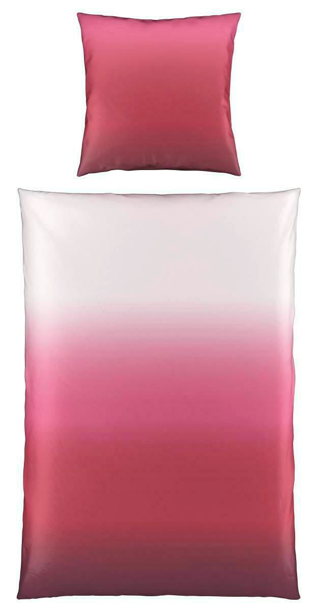 Bettwäsche-Set in Pink mit Farbverlauf, bestehend aus einem Kissenbezug und einem Bettdeckenbezug, aus der Vogelperspektive fotografiert.