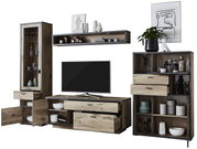Frontale Ansicht der Wandkombination Zurbrüggen ORLANDO mit Holzoptik, bestehend aus einem TV-Element, einem hohen Schrank mit Glastür und einem Regal mit Schubladen, dekoriert mit Geschirr und Pflanzen.