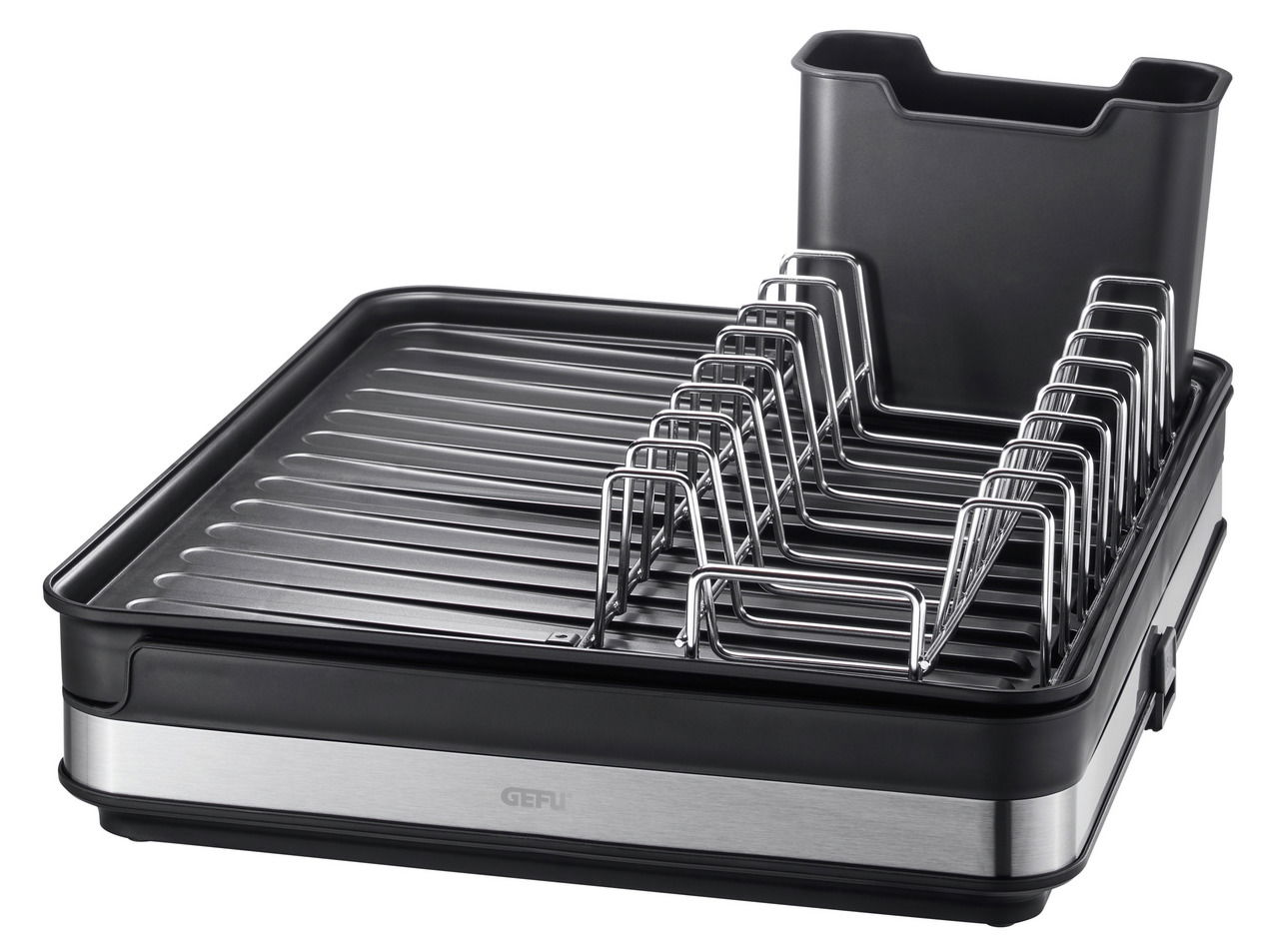 Abtropfgestell SMARTLINE aus schwarzem Kunststoff und Edelstahl mit seitlicher Perspektive.