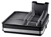 Abtropfgestell SMARTLINE aus schwarzem Kunststoff und Edelstahl mit seitlicher Perspektive.