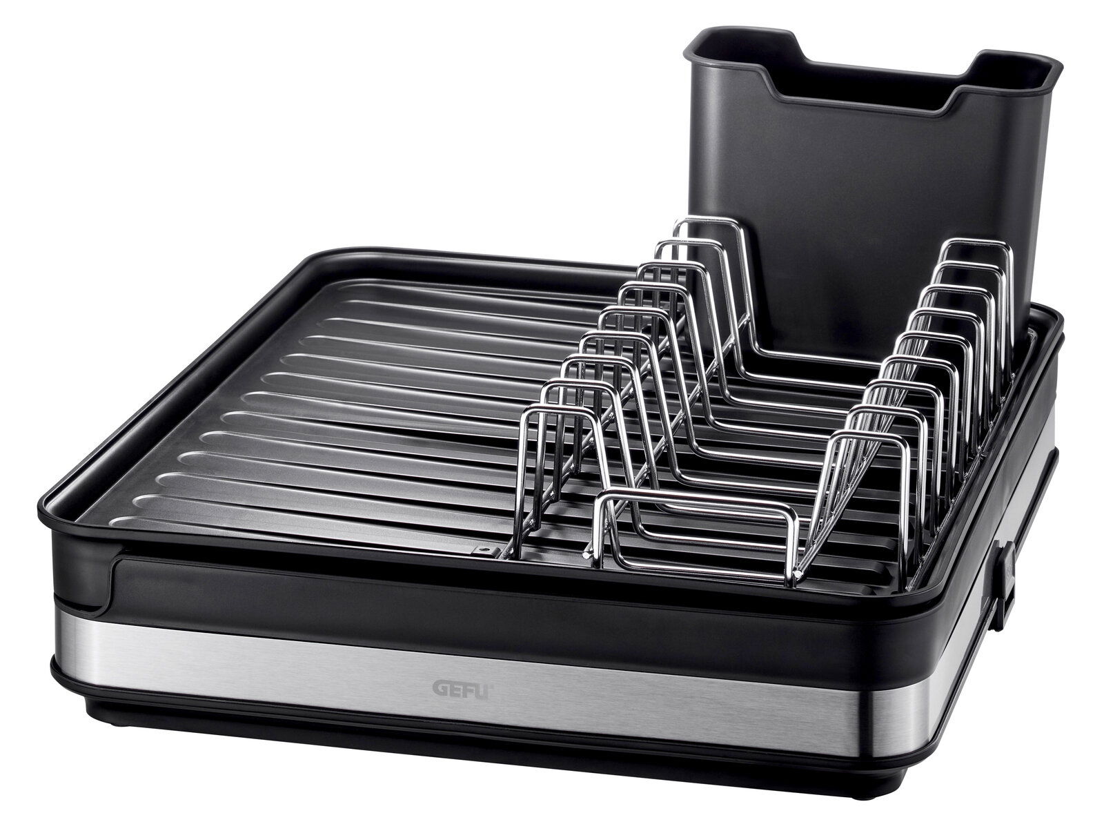 Abtropfgestell SMARTLINE aus schwarzem Kunststoff und Edelstahl mit seitlicher Perspektive.