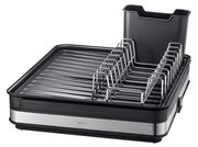 Abtropfgestell SMARTLINE aus schwarzem Kunststoff und Edelstahl mit seitlicher Perspektive.