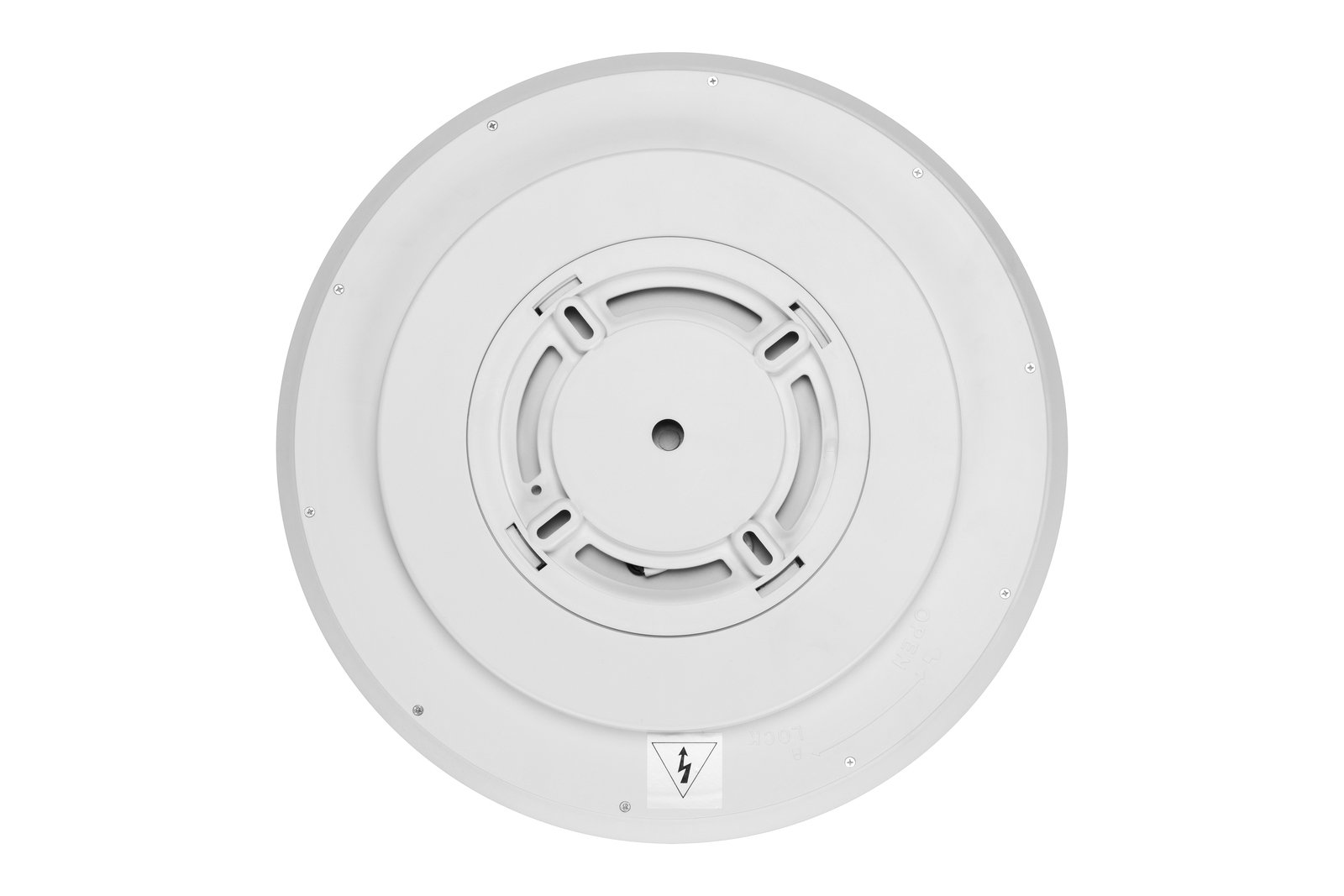 Runde LED-Deckenleuchte von unten betrachtet, zeigt die Rückseite mit Befestigungselementen.