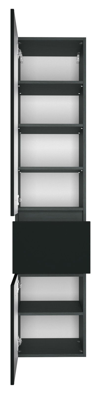 Hochschrank mit mehreren offenen Fächern und einer Schublade, Ansicht von vorne.