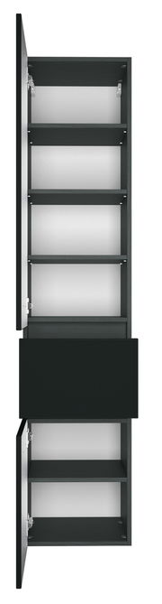 Hochschrank mit mehreren offenen Fächern und einer Schublade, Ansicht von vorne.