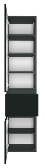 Hochschrank mit mehreren offenen Fächern und einer Schublade, Ansicht von vorne.