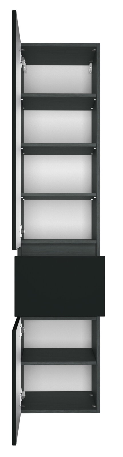 Hochschrank mit mehreren offenen Fächern und einer Schublade, Ansicht von vorne.