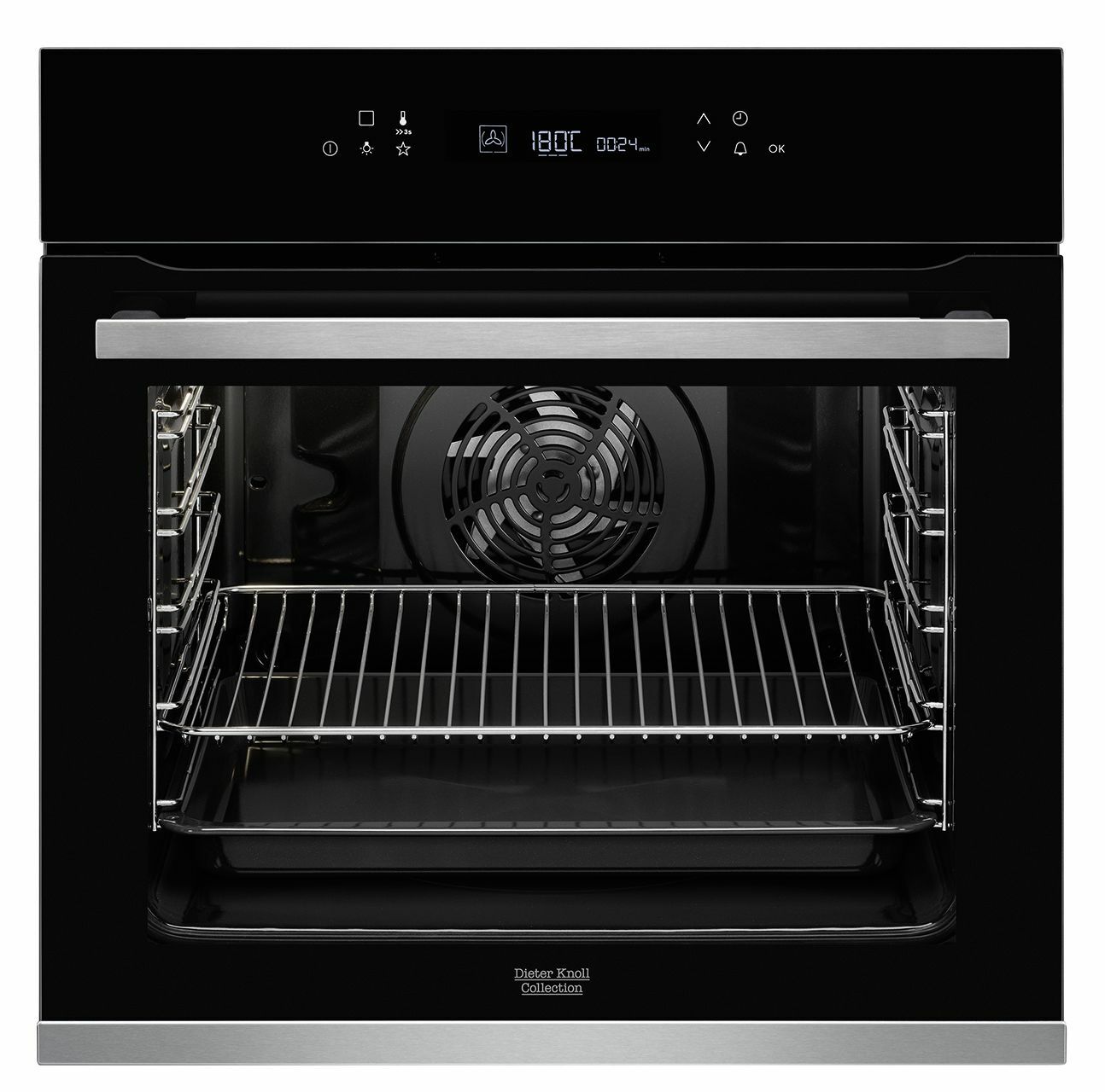 Dieter Knoll Einbaubackofen DKP39904XK Ein moderner Einbaubackofen mit digitalem Display und Edelstahlgriff, frontal abgebildet.
