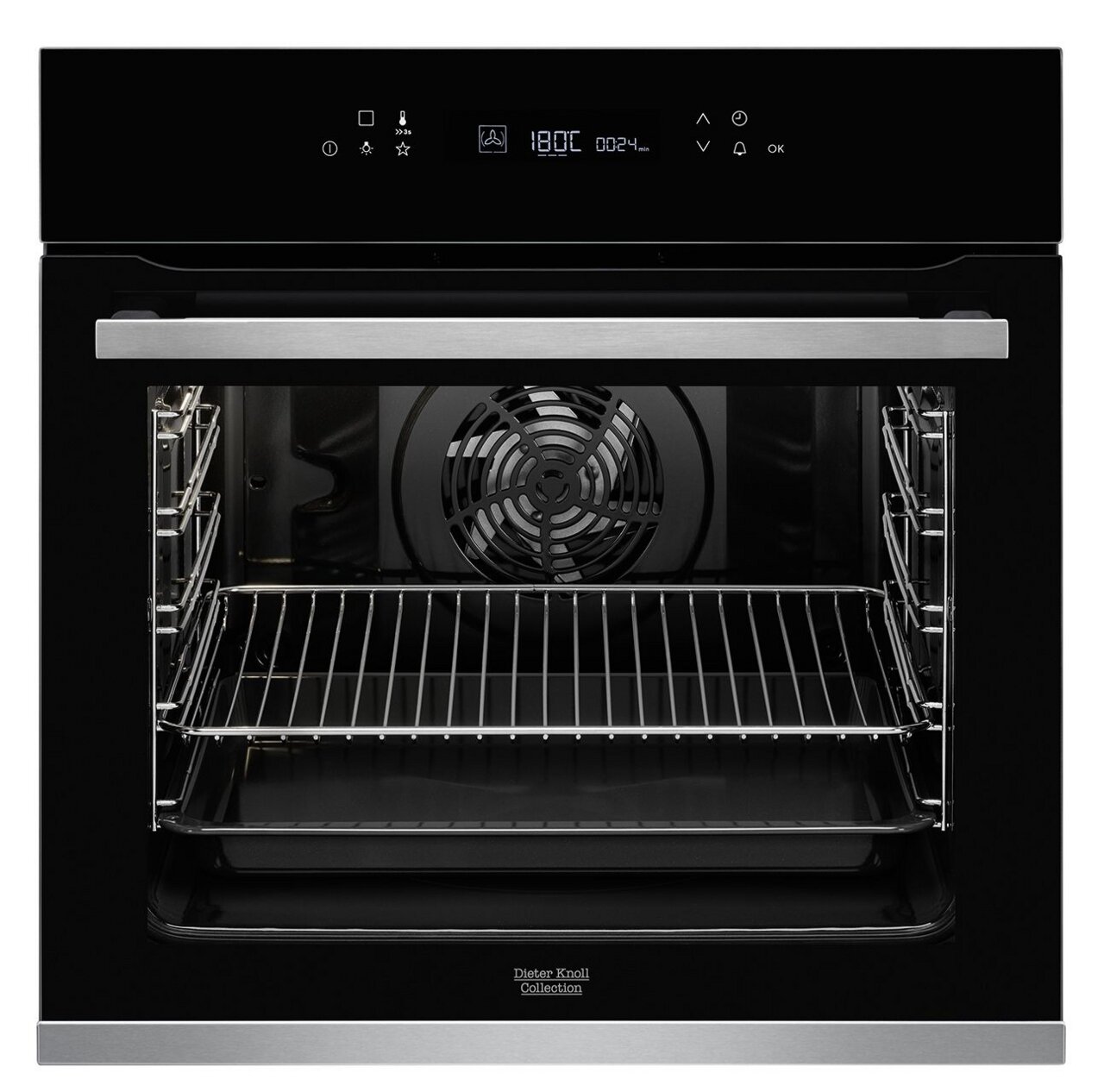 Ein moderner Einbaubackofen mit digitalem Display und Edelstahlgriff, frontal abgebildet.