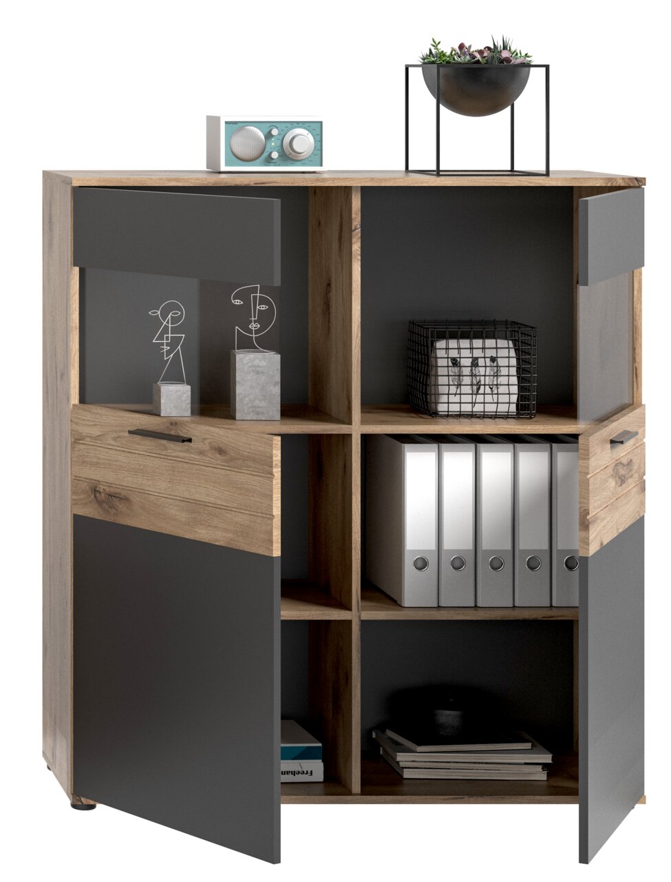 Vitrine aus Holz mit grauen Türen, dekoriert mit Radio und Pflanze, frontale Ansicht