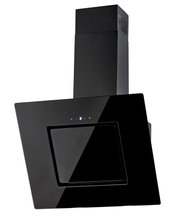 Schwarze, schräge Wand-Dunstabzugshaube aus Glas mit Kaminaufsatz und Touch-Bedienfeld, frontal in leichter Untersicht fotografiert.