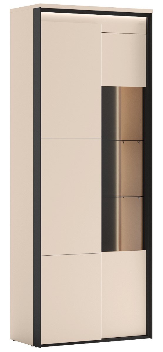 Moderne hoge opbergkast/vitrinekast in beige met zwart frame en gedeeltelijk glazen deur, frontaal aanzicht met lichte hoekperspectief