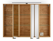 Spiegelschrank aus Holz mit offenen Türen, Glasregalen und integrierter Beleuchtung, Frontalansicht