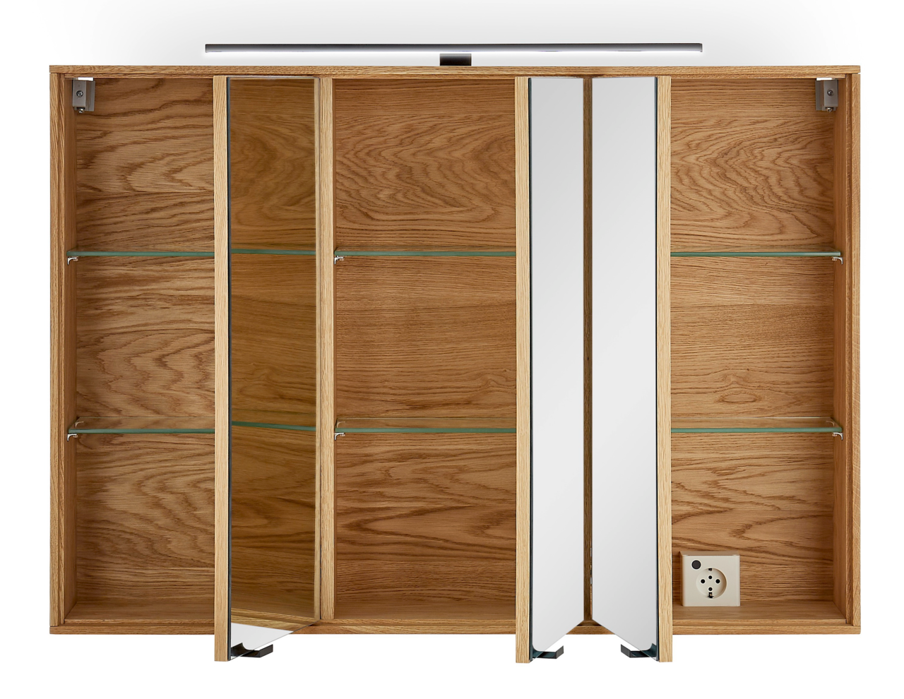 Spiegelschrank aus Holz mit offenen Türen, Glasregalen und integrierter Beleuchtung, Frontalansicht