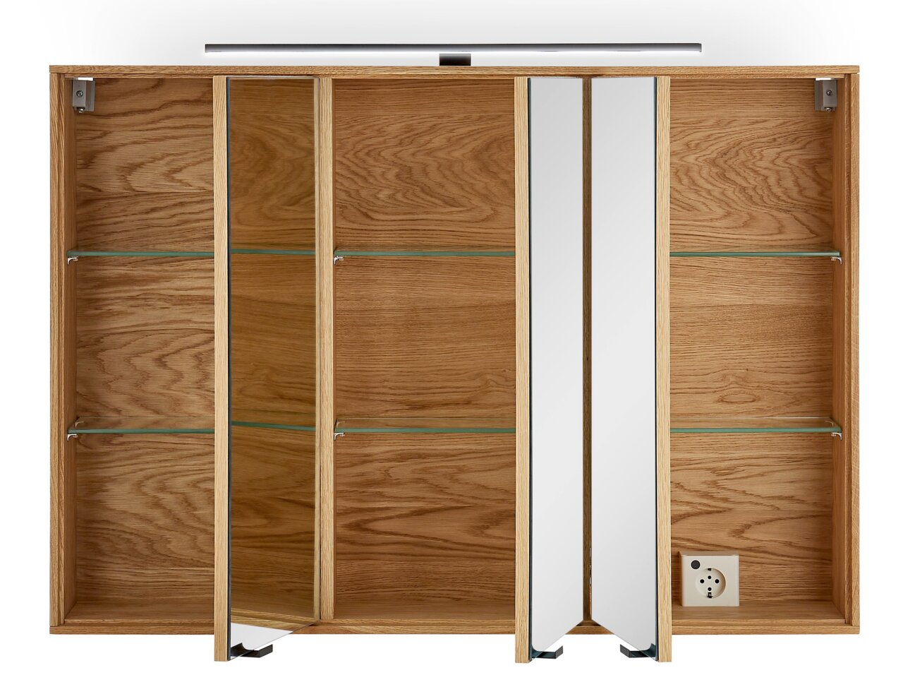Spiegelschrank aus Holz mit offenen Türen, Glasregalen und integrierter Beleuchtung, Frontalansicht