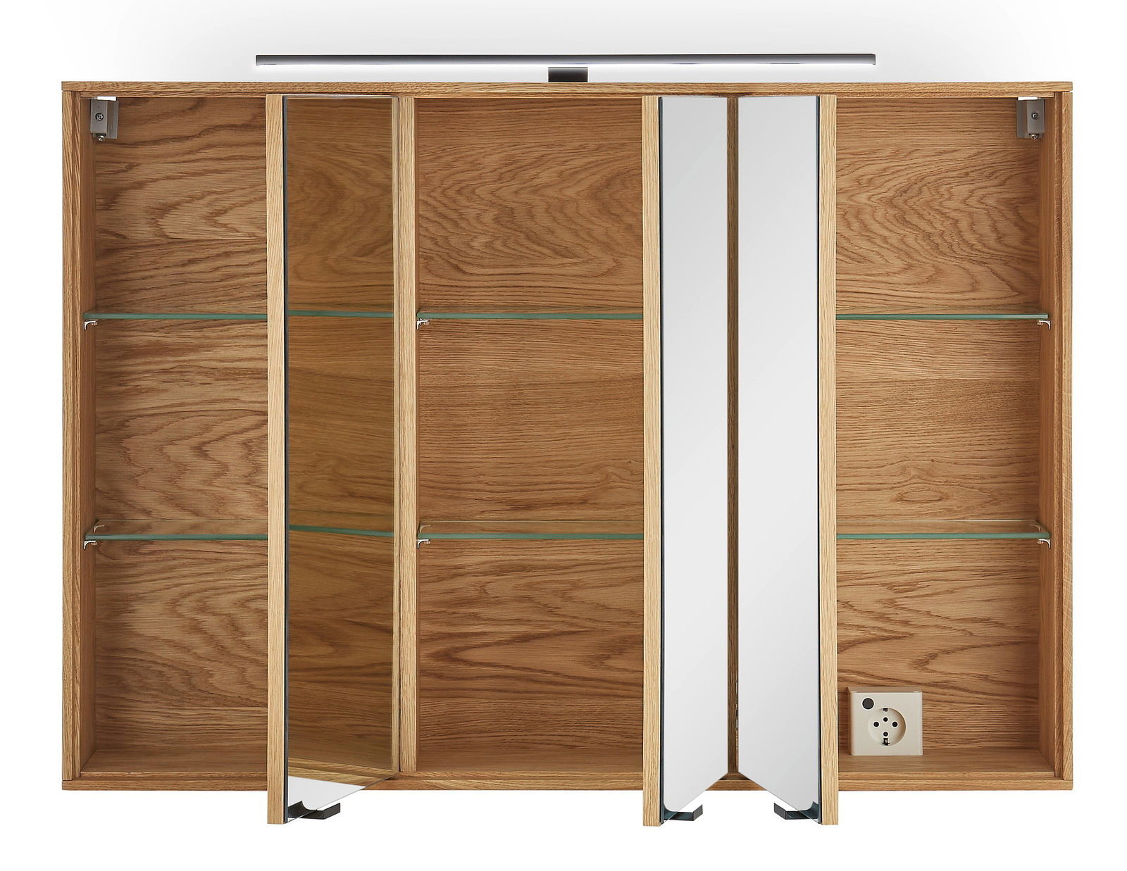 Spiegelschrank aus Holz mit offenen Türen, Glasregalen und integrierter Beleuchtung, Frontalansicht