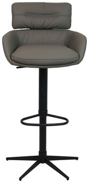 Moderner Barhocker mit gepolsterter Rückenlehne und Sitzfläche in grauem Leder, schwarzem Metallgestell und Fußstütze, Frontalansicht