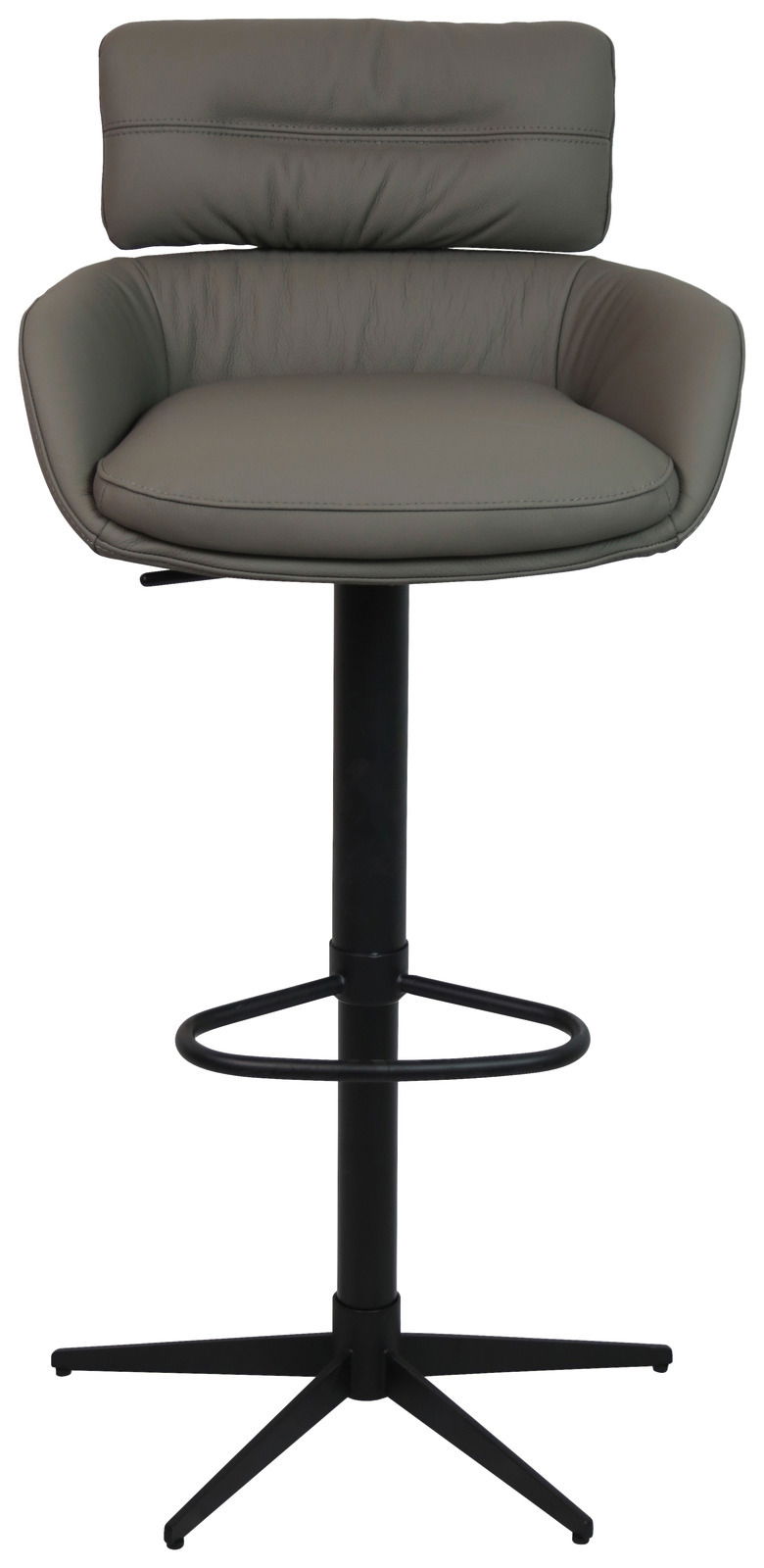 Moderner Barhocker mit gepolsterter Rückenlehne und Sitzfläche in grauem Leder, schwarzem Metallgestell und Fußstütze, Frontalansicht