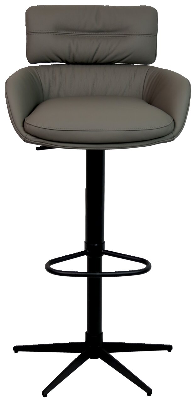 Moderne barkruk met gestoffeerde rugleuning en zitting van grijs leer, zwart metalen frame en voetsteun, vooraanzicht