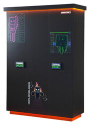 Schwarzer dreitüriger Kleiderschrank mit Minecraft-Motiven und LED-Beleuchtung, Frontalansicht