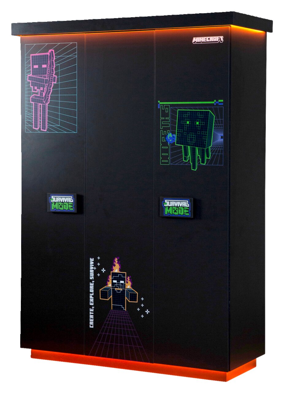 Schwarzer dreitüriger Kleiderschrank mit Minecraft-Motiven und LED-Beleuchtung, Frontalansicht
