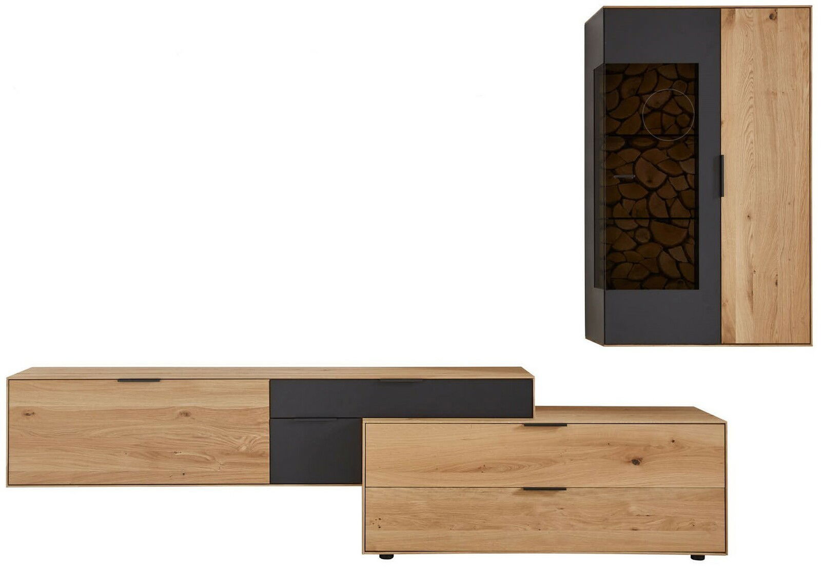 Moderne Wandkombination aus Holz und dunklem Material, bestehend aus einem niedrigen TV-Schrank und einem hohen Schrank mit Glastür, frontal abgebildet.