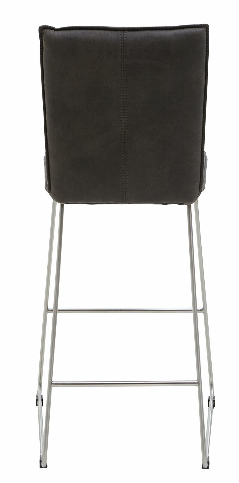 Rückansicht eines Barstuhls mit schwarzer Rückenlehne und silbernen Metallbeinen.