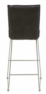 Rückansicht eines Barstuhls mit schwarzer Rückenlehne und silbernen Metallbeinen.