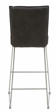 Rückansicht eines Barstuhls mit schwarzer Rückenlehne und silbernen Metallbeinen.