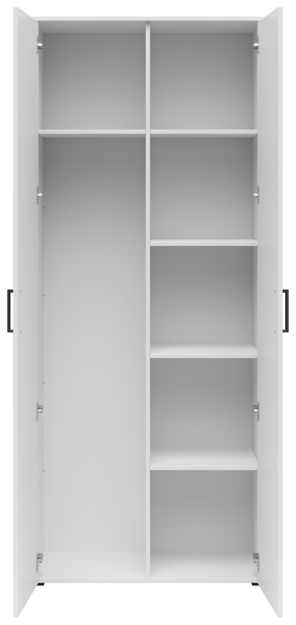 Frontalansicht eines offenen weißen Mehrzweck-Vorratsschranks mit mehreren Regalböden.