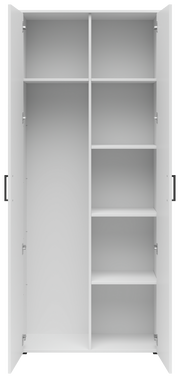 Frontalansicht eines offenen weißen Mehrzweck-Vorratsschranks mit mehreren Regalböden.