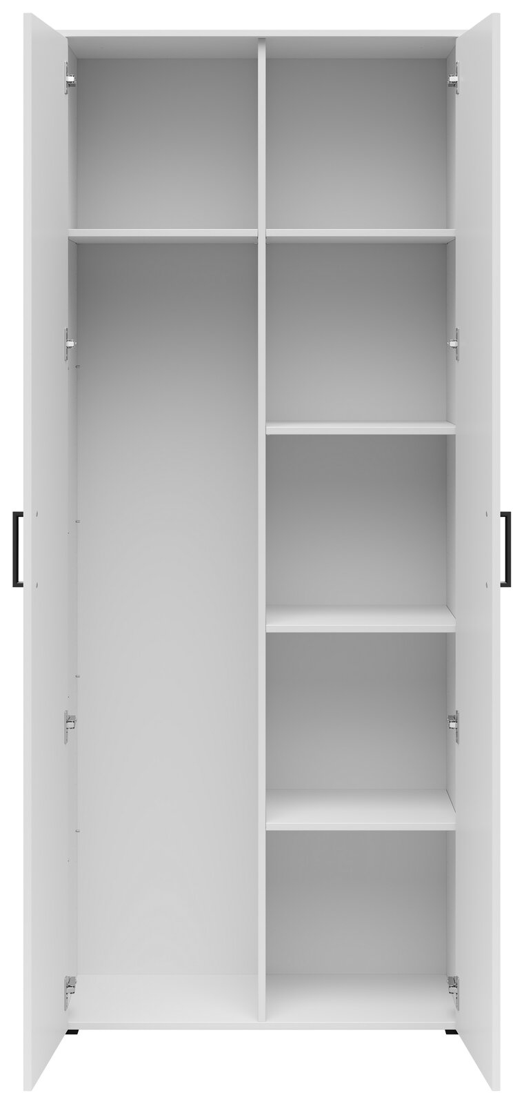 Frontalansicht eines offenen weißen Mehrzweck-Vorratsschranks mit mehreren Regalböden.