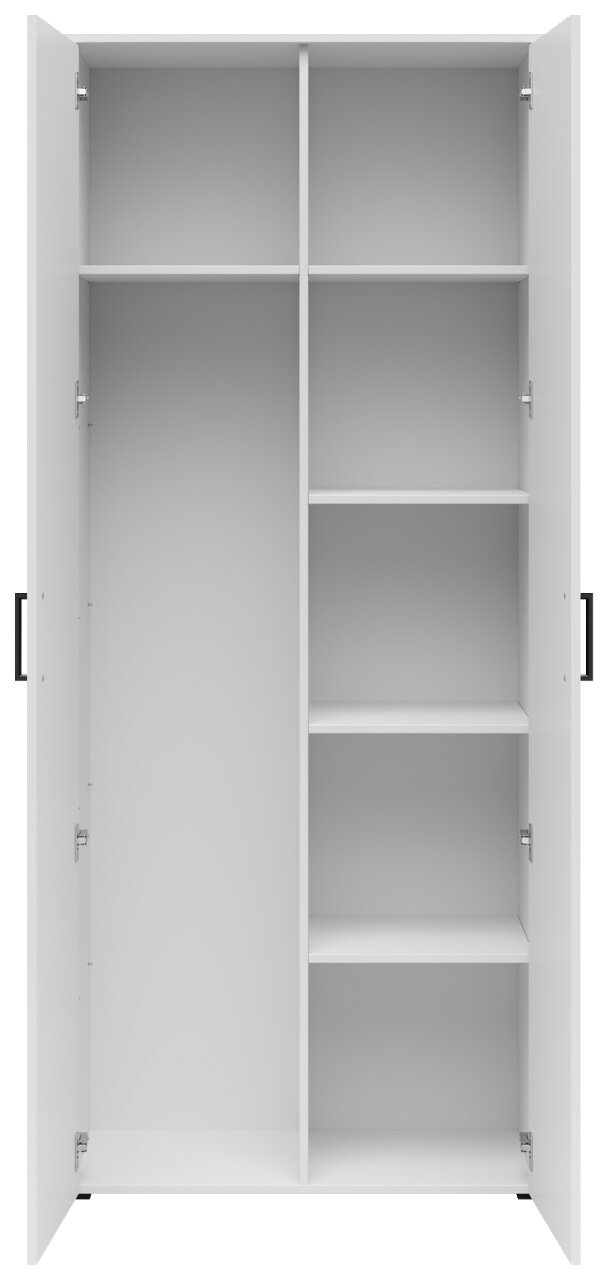 Frontalansicht eines offenen weißen Mehrzweck-Vorratsschranks mit mehreren Regalböden.