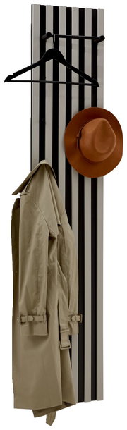 Garderobenpaneel mit vertikalen Streifen in Schwarz und Grau, mit einem beigen Mantel und einem braunen Hut, aus seitlicher Perspektive.