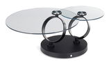 Moderner Couchtisch mit zwei runden Glasplatten und schwarzem Metallgestell, seitliche Perspektive