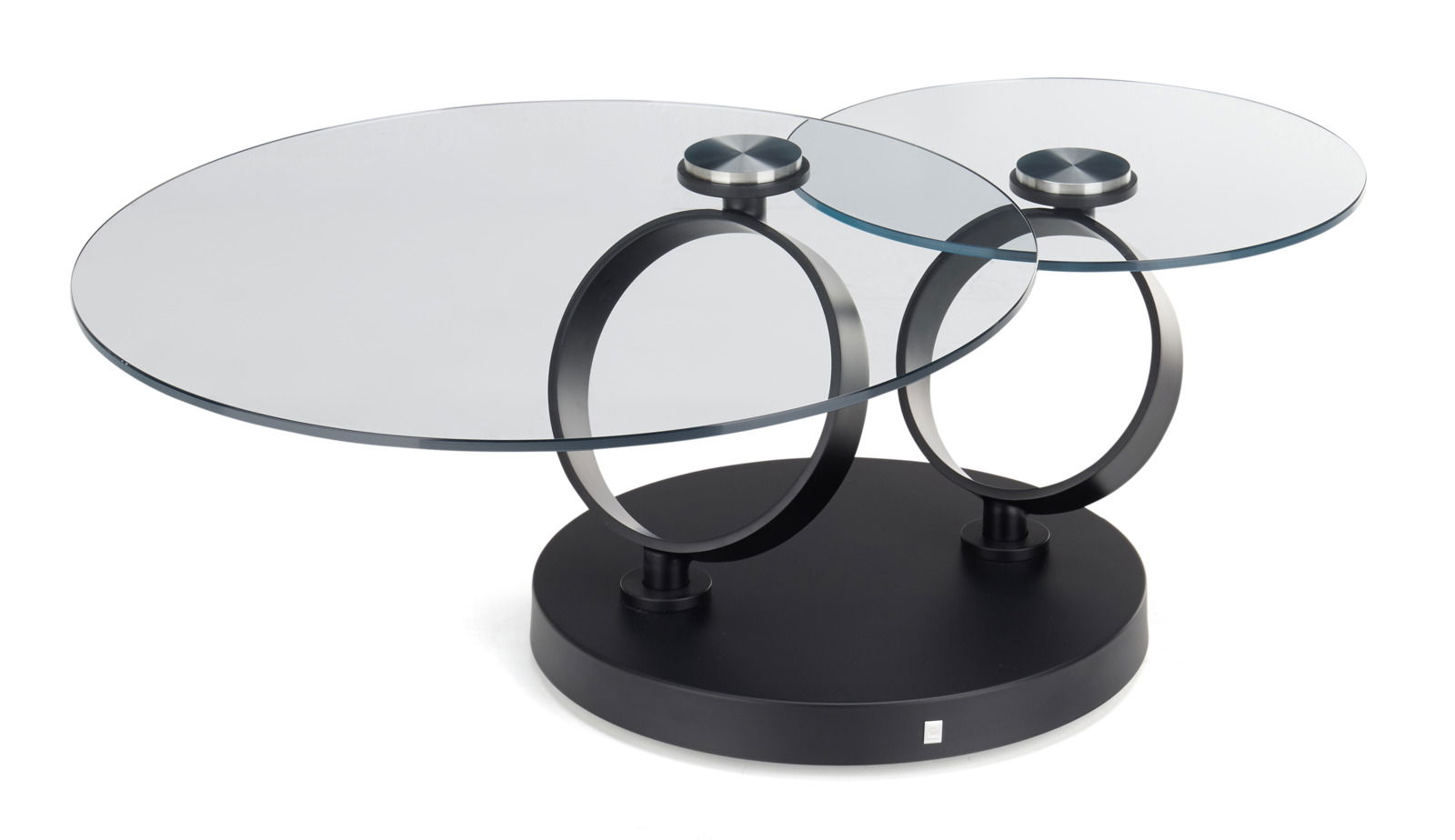 Moderner Couchtisch mit zwei runden Glasplatten und schwarzem Metallgestell, seitliche Perspektive