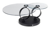 Moderner Couchtisch mit zwei runden Glasplatten und schwarzem Metallgestell, seitliche Perspektive