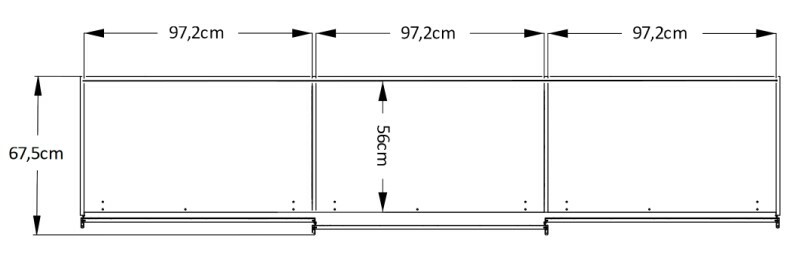 Frontale Ansicht eines Schwebetürenschranks mit drei gleich großen Segmenten, jeweils 97,2 cm breit und 67,5 cm hoch.