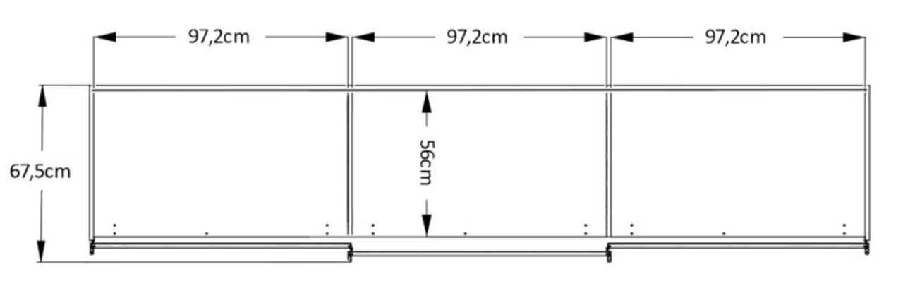 Frontale Ansicht eines Schwebetürenschranks mit drei gleich großen Segmenten, jeweils 97,2 cm breit und 67,5 cm hoch.