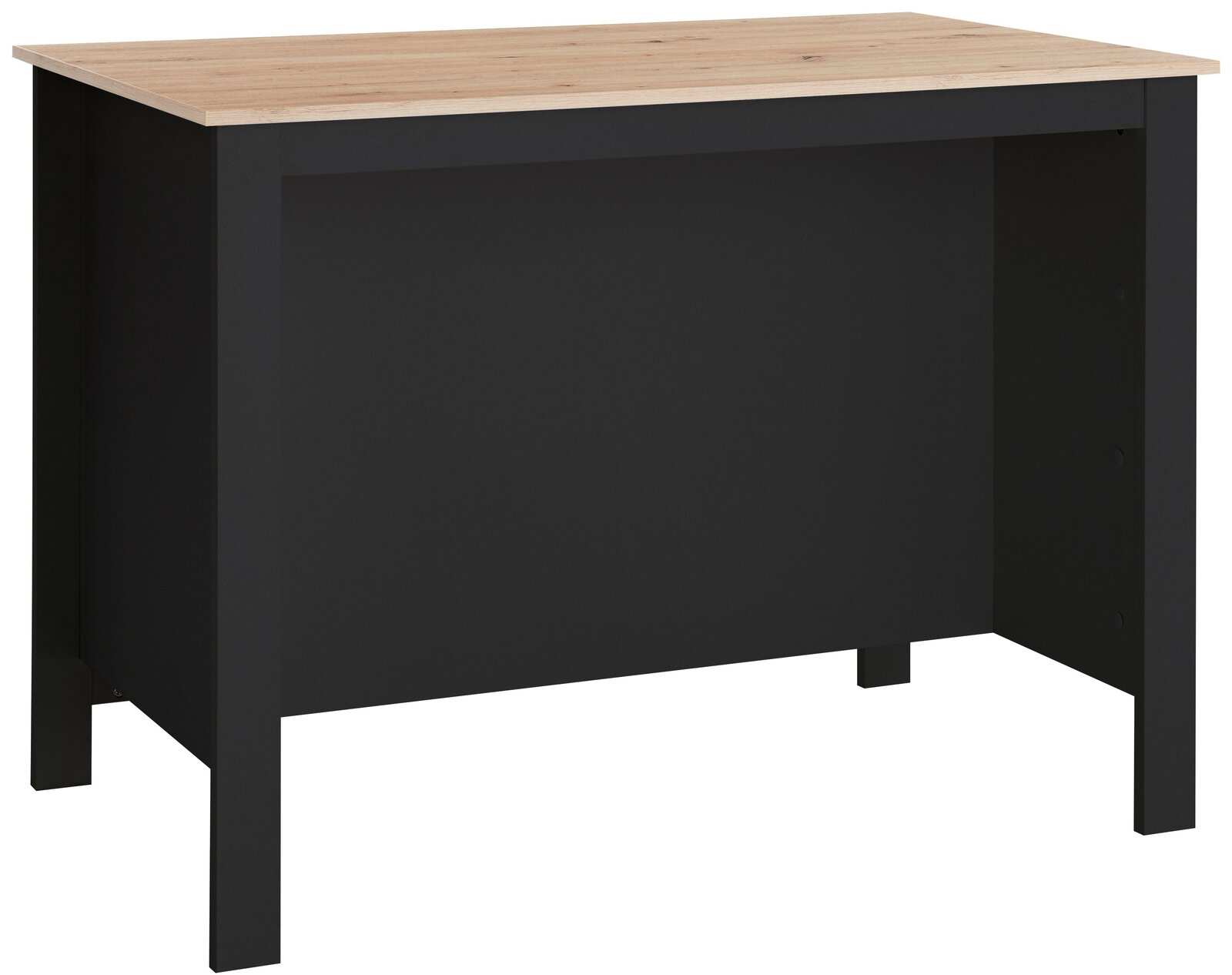 Kücheninsel mit schwarzem Korpus und heller Holzplatte, Frontalansicht