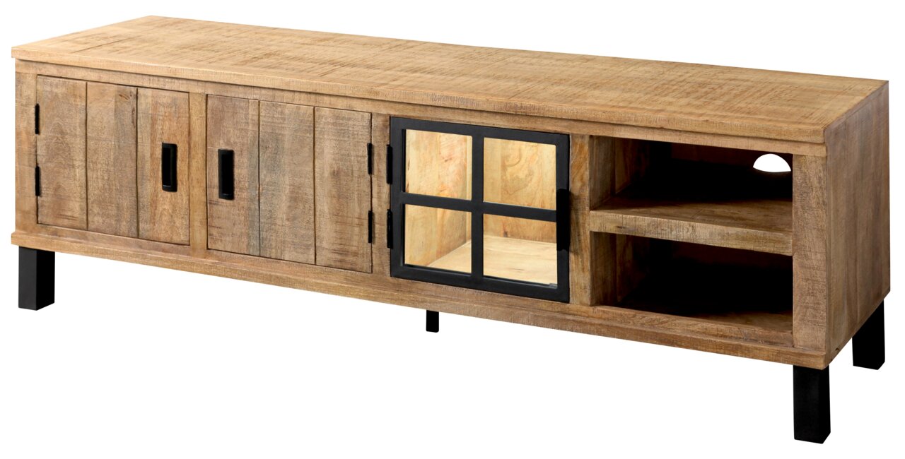 Rustikales Lowboard aus Holz mit Metallakzenten, seitliche Perspektive