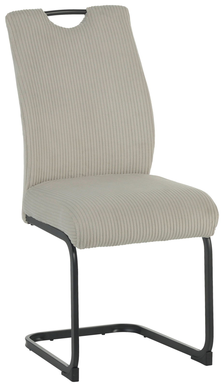 Moderner Schwingstuhl mit hellgrauem, geripptem Stoffbezug und schwarzem Metallgestell, seitliche Perspektive